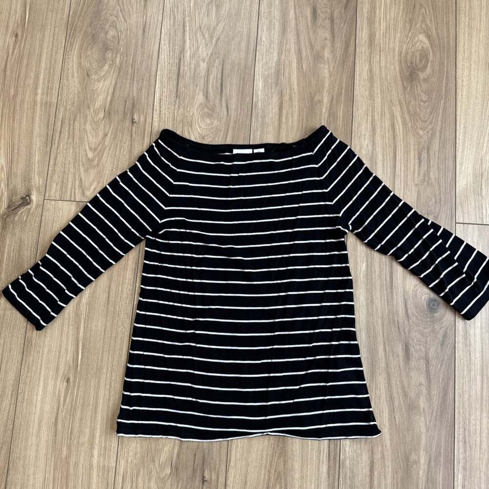 Chico’s Black & White Striped Rayon Boat Neck 3/4 Sleeve Top Sz 0 (4/6) Preppy